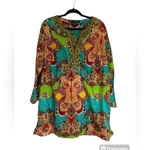 St Tropez West Women’s  Tropical Bohemian Studded V Neck Cover Up Size 1X